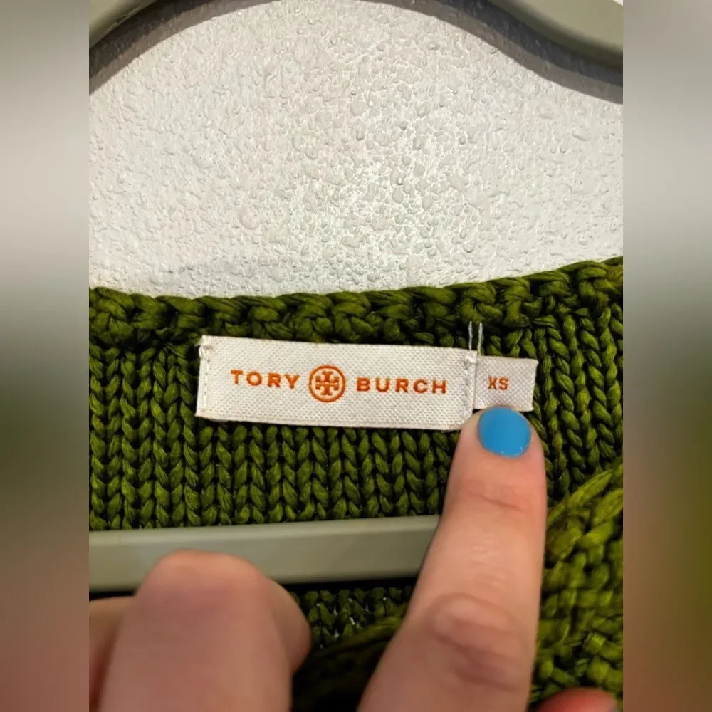 Tory Burch Chunky Knit Short Sleeve Sweater | XS | Moss Green